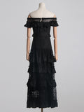 Woochic cocktail dress boat neck embroidered lace belt high waist