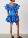 Woochic V-neck short high waist ruffled cocktail dress,holiday