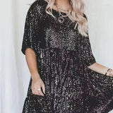 Woochic Sparkly Sequins A-Line Crew Neck Cocktail Dress