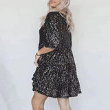 Woochic Sparkly Sequins A-Line Crew Neck Cocktail Dress