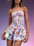 Woochic floral cocktail dress strapless stitching with double ruffles high waist