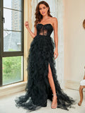 Woochic large size cocktail dress cut-outs tulle lace and strapless, evening