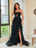 Woochic large size cocktail dress cut-outs tulle lace and strapless, evening