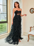 Woochic large size cocktail dress cut-outs tulle lace and strapless, evening