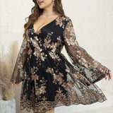 Woochic plus size cocktail dress with long sleeves and embroidered sequins with V-neck, evening