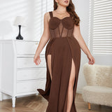 Woochic plus size cocktail dress with straps and backless tulle slit 