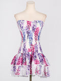 Woochic cocktail dress printed embroidery strapless with double ruffles