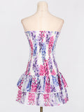 Woochic cocktail dress printed embroidery strapless with double ruffles