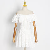 Woochic short embroidered boat neck dress with puff sleeves and cutout