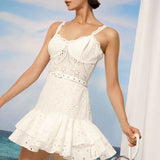 Woochic V Neck Embroidered Straps Ruffle High Waist Short Dress