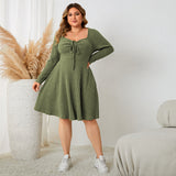 Woochic robe grande taille col carré taille cintrée manches longues