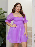 Woochic robe grande taille col carrée manches bouffantes tulle taille haute