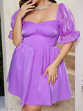 Woochic robe grande taille col carrée manches bouffantes tulle taille haute