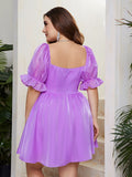 Woochic robe grande taille col carrée manches bouffantes tulle taille haute