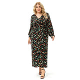 Woochic robe grande taille col en V imprimé fendue trapèze manches longue