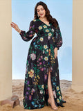 Woochic robe grande taille col en V imprimé fendue manches lanterne, soirée