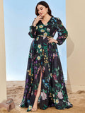 Woochic robe grande taille col en V imprimé fendue manches lanterne, soirée