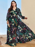 Woochic robe grande taille col en V imprimé fendue manches lanterne, soirée