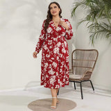 Woochic robe grande taille col en V imprimée cintrée manches longues