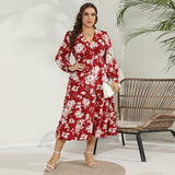 Woochic robe grande taille col en V imprimée cintrée manches longues