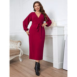 Woochic robe grande taille col en V taille haute manches longues