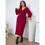 Woochic robe grande taille col en V taille haute manches longues