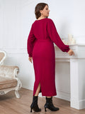 Woochic robe grande taille col en V taille haute manches longues