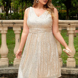 Woochic robe invitée mariage grande taille à col en V,paillettes abricot XL 