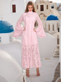 Woochic Ruffle Lace Flare Sleeve Embroidered Pleated Maxi Dress