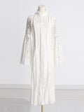 Woochic Ruffle Lace Flare Sleeve Embroidered Pleated Maxi Dress