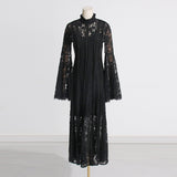 Woochic Ruffle Lace Flare Sleeve Embroidered Pleated Maxi Dress