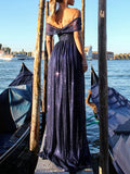Woochic robe longue brillante paillette fendu le côté col bateau dos nu élégant soirée