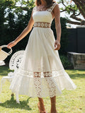 Woochic long dress with English embroidery and white fashion straps