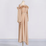 Woochic strapless long dress lantern sleeves three-dimensional flowers ruffled