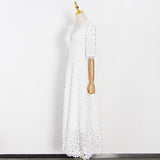 Woochic V-neck fitted long dress crochet design cut-out train