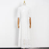 Woochic V-neck fitted long dress crochet design cut-out train