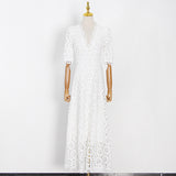 Woochic V-neck fitted long dress crochet design cut-out train