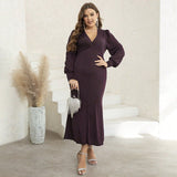 Woochic robe longue col en V grande taille, automne-hiver