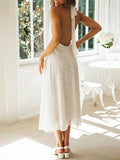 Woochic robe longue dentelle licou dos nu élégant bal de promo blanche