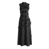 Woochic three-dimensional flower sleeveless stand-up collar A-line stitching long dress