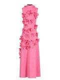 Woochic three-dimensional flower sleeveless stand-up collar A-line stitching long dress