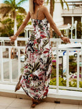 Woochic robe longue imprimé tropicale feuille fluide dos nu à fines brides v-cou bohème mode plage