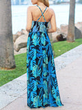 Woochic robe longue imprimé tropicale feuille fluide dos nu à fines brides v-cou bohème mode de plage