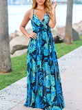 Woochic robe longue imprimé tropicale feuille fluide dos nu à fines brides v-cou bohème mode de plage Bleu S 