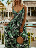 Woochic robe longue imprimé tropicale feuille fluide dos nu à fines brides v-cou bohème mode de plage