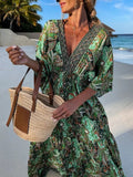Woochic robe longue imprimés plissé dos nu v-cou manches au coude bohème plage
