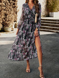 Woochic robe longue mousseline imprimé à fleurie fendu le côté v-cou élégant bal de promo