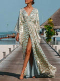 Woochic robe maxi longue imprimé à fleurie fendue cuisse v-cou manches longues plage
