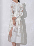 Woochic midi dress with lapels, lantern sleeves, A-line slit, embroidered cutouts