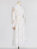 Woochic midi dress with lapels, lantern sleeves, A-line slit, embroidered cutouts